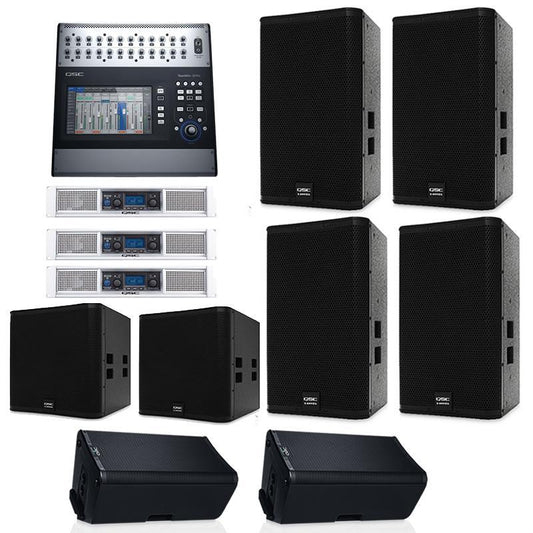 Auditorium-sound-system-w-QSC-E112-Loudspeaker-E118sw-SubGXD8-Amp-Stage-Monitor-Digital-Mixer