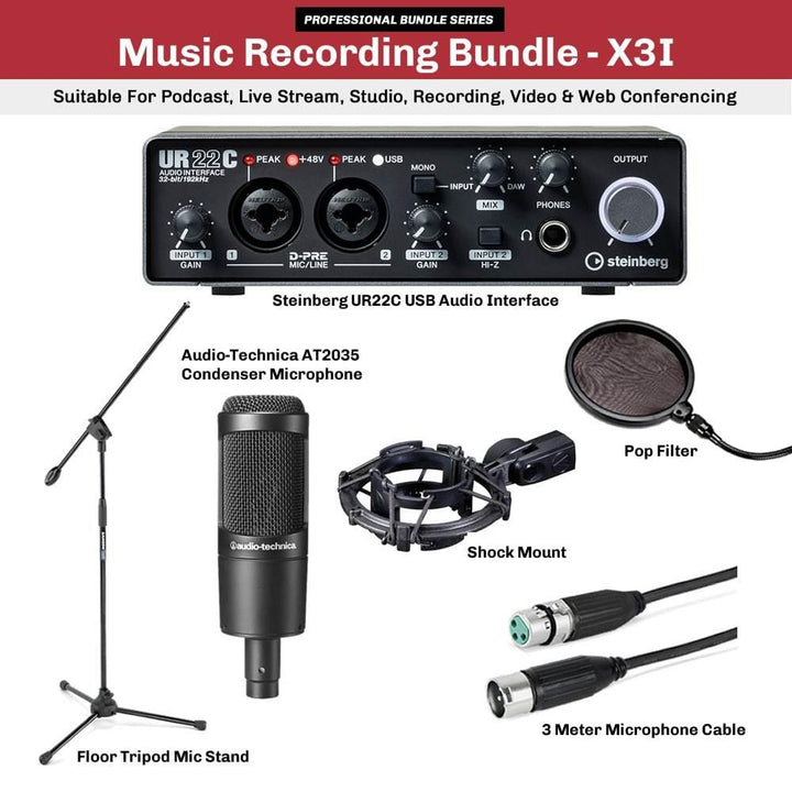 Music-Recording-Bundle-Steinberg-UR22C-Audio-Interface-Audio-Technica-AT2035-Mic-X3I