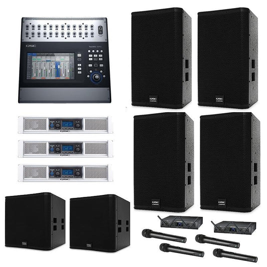 QSC-Sound-System-for-School-Auditorium-E112-Loudspeaker-E118sw-Sub-GXD8-Amp-TouchMix-30-Package