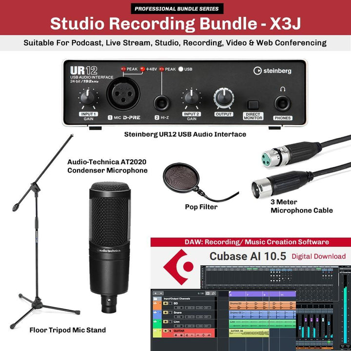 Studio-Recording-Bundle-Steinberg-UR12-Audio-Interface-Audio-Technica-AT2020-Mic-X3J
